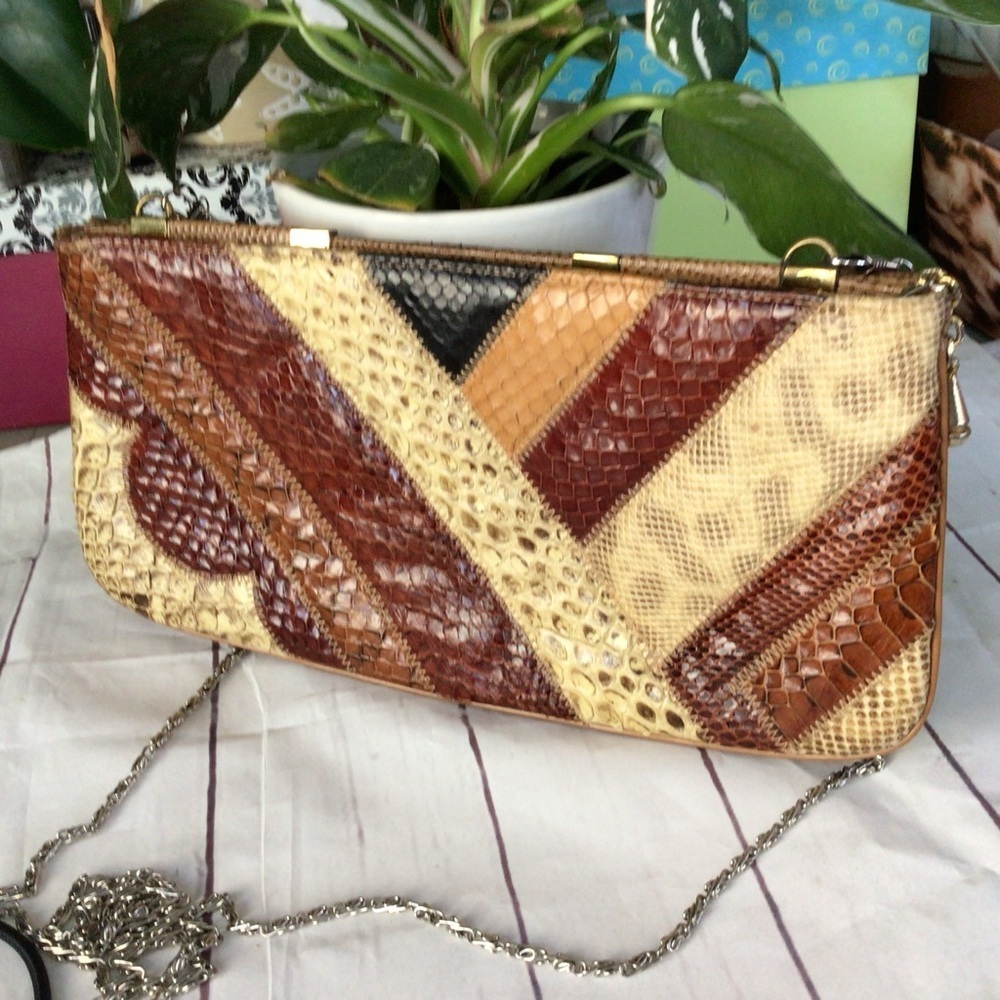 Vintage Retro Bass Supreme Multicolor Patchwork Leather Shoulder Bag Gold Tone - Picture 2 of 14